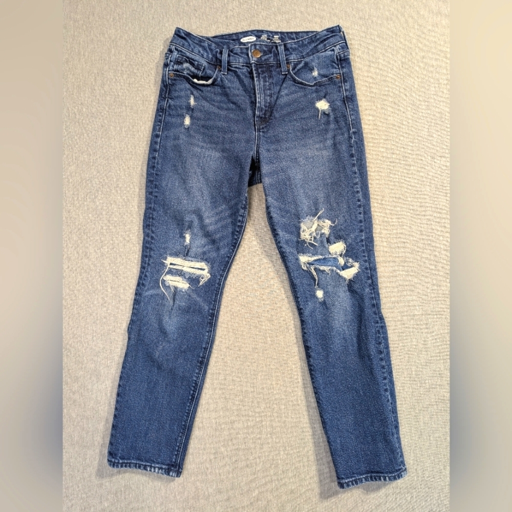 Old Navy Power Straight Jeans Women's 8 Blue Distressed High Rise Destroyed